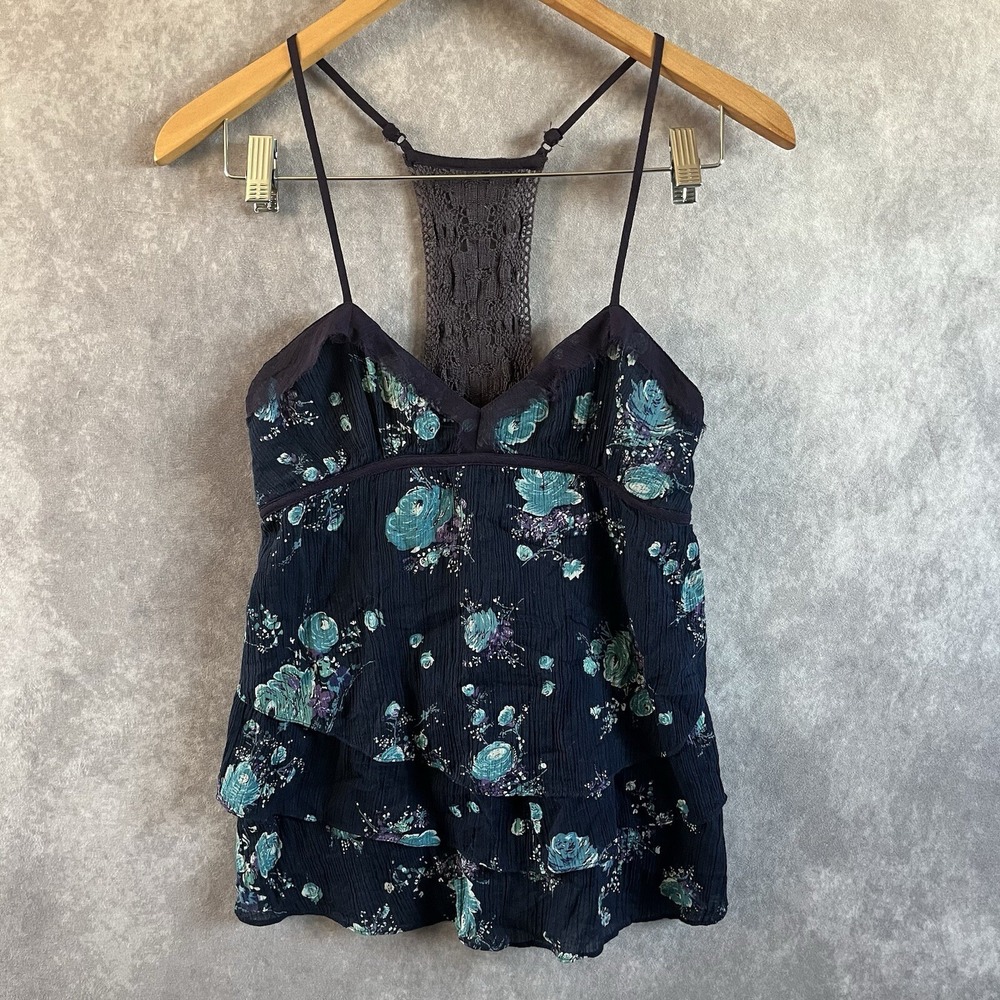Free People Cami Top Womens 2 Navy Blue Floral Lace Racerback Tiered Ruffle